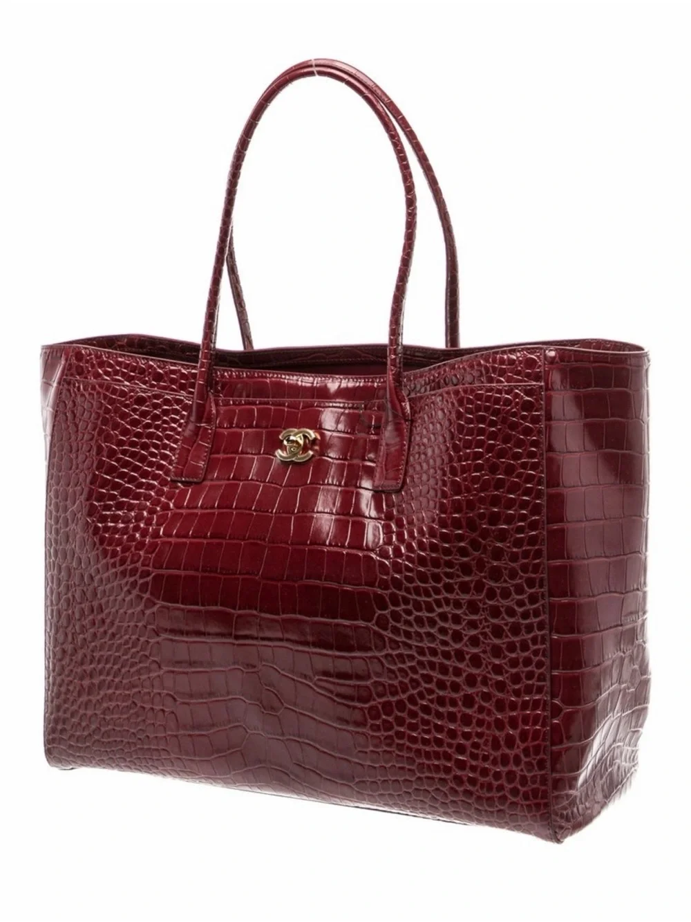 2026 CHANEL Burgundy Croc-Embossed Leather Tote with Gold Hardware
